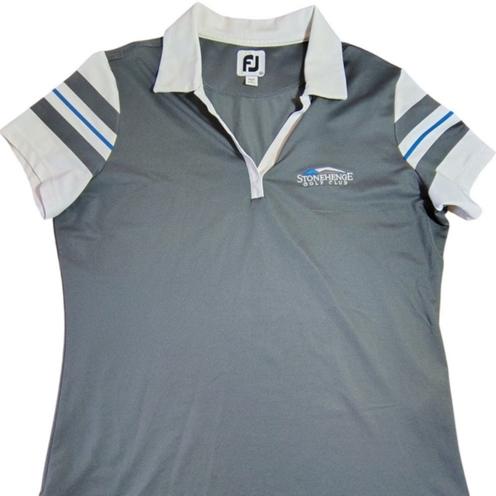 FJ FootJoy stonehenge Golf Shirt M Gray White Blue Stripe Short Sleeve Polo club